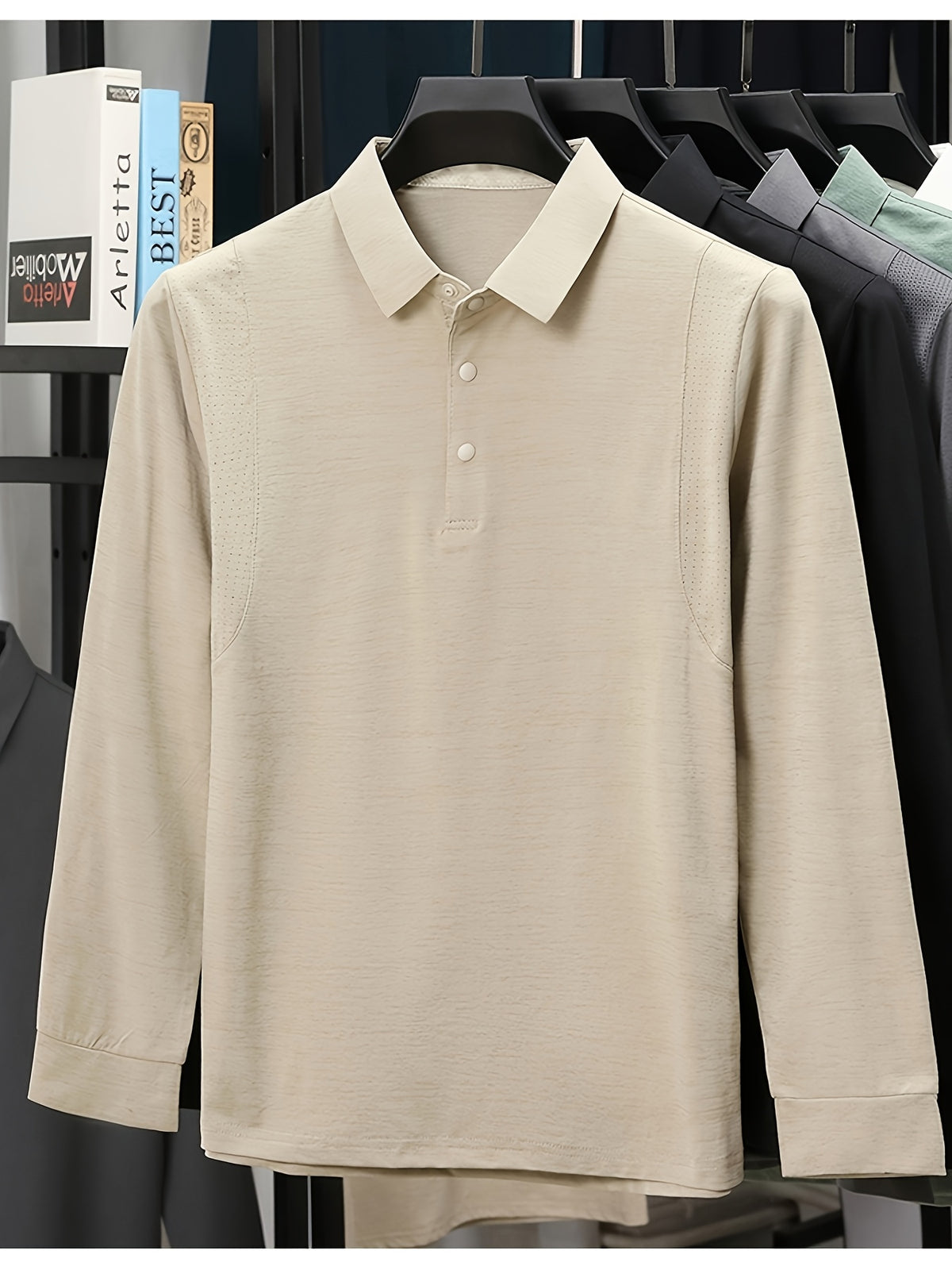 Men'S Lapel Long Sleeve Polo Shirt, Shoulder Mesh Texture Patchwork, Solid Color Minimalist Clean Cut Top, Office Commute, Outing Fishing, Home Casual Loose Men'S Long Sleeve T-Shirt - Khaki