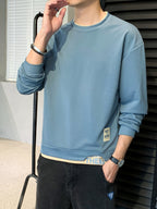 Single-pack Men's Spring/autumn Casual Sport Sweatshirt, Fashionable Round Neck Long Sleeve with Slight Stretch, Letter Color-blocked Top, Suitable for Outdoor Couple Running, Daily Hiking, and Gift-giving - Blue