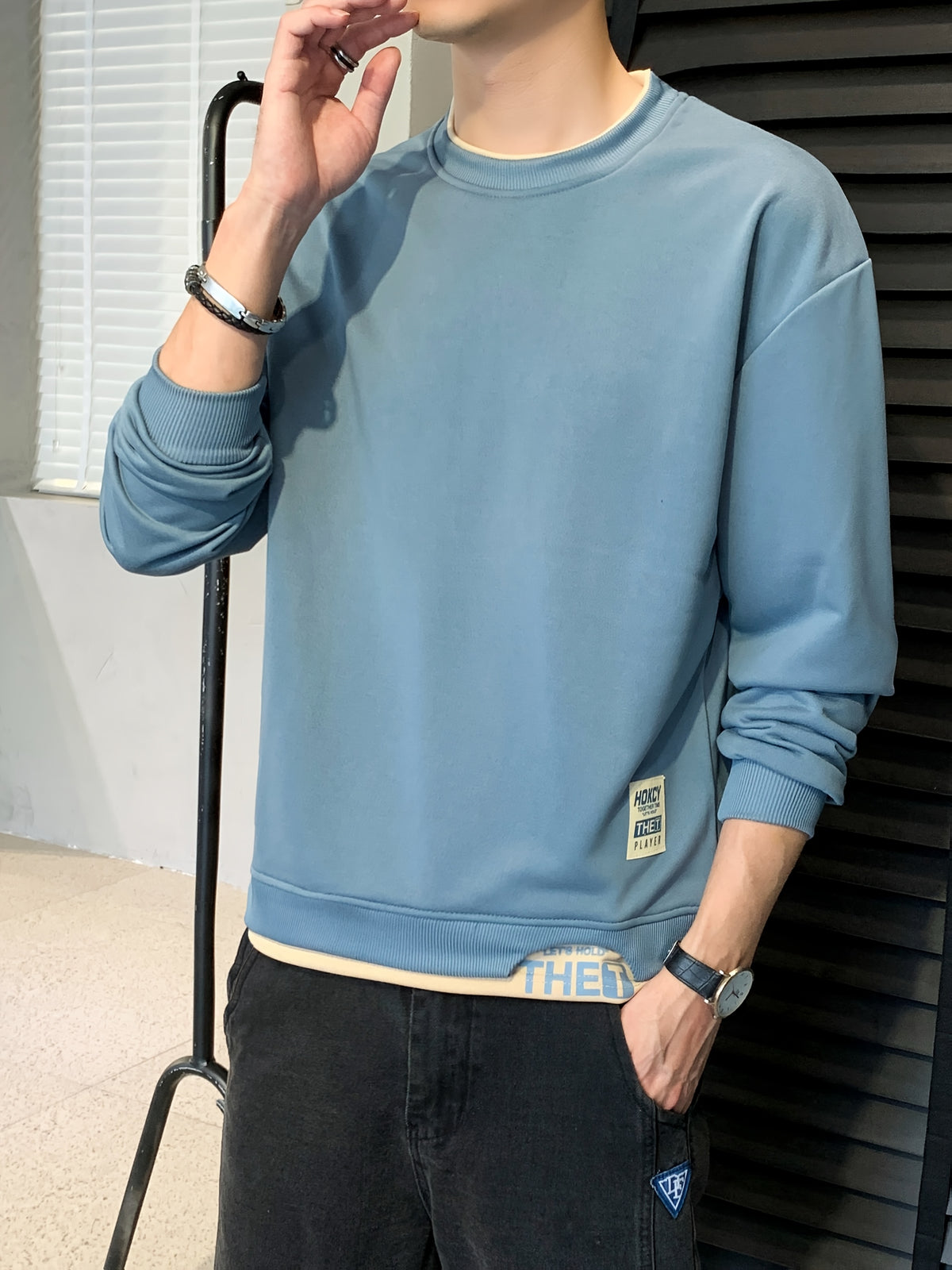Single-pack Men's Spring/autumn Casual Sport Sweatshirt, Fashionable Round Neck Long Sleeve with Slight Stretch, Letter Color-blocked Top, Suitable for Outdoor Couple Running, Daily Hiking, and Gift-giving - Blue