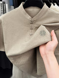 New Summer Chinese Hero Ancient Style Three-Button Access Control Short-Sleeve Men's T-Shirt, Stylish Casual Novelty Men's Top, Refreshing Quick-Drying, Durable and Skin-Friendly Apparel JC8912 - Khaki