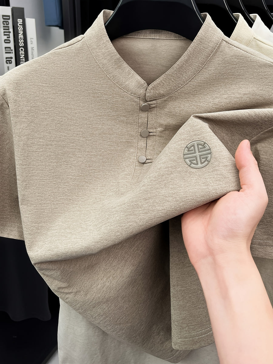 New Summer Chinese Hero Ancient Style Three-Button Access Control Short-Sleeve Men's T-Shirt, Stylish Casual Novelty Men's Top, Refreshing Quick-Drying, Durable and Skin-Friendly Apparel JC8912 - Khaki