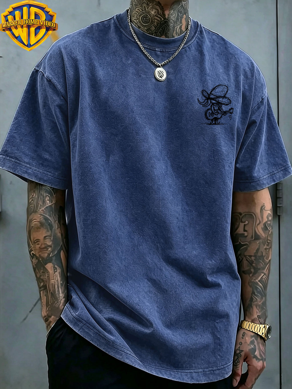[Warner Bros] Official Authorization, Guitar Playing Denim Print Design, American Retro Washed Distressed T-Shirt, Outdoor Sports Casual Clothing, Daily Commuting, Machine Washable - Royal Blue