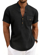 Men'S Pure Henley Shirt Spring And Summer Casual Breathable Sweat-Absorbent Linen Texture Short-Sleeved Half Placket Pocket Easy Solid Color Small Stand-Up Collar POLO Shirt, Sweat-Resistant - Black