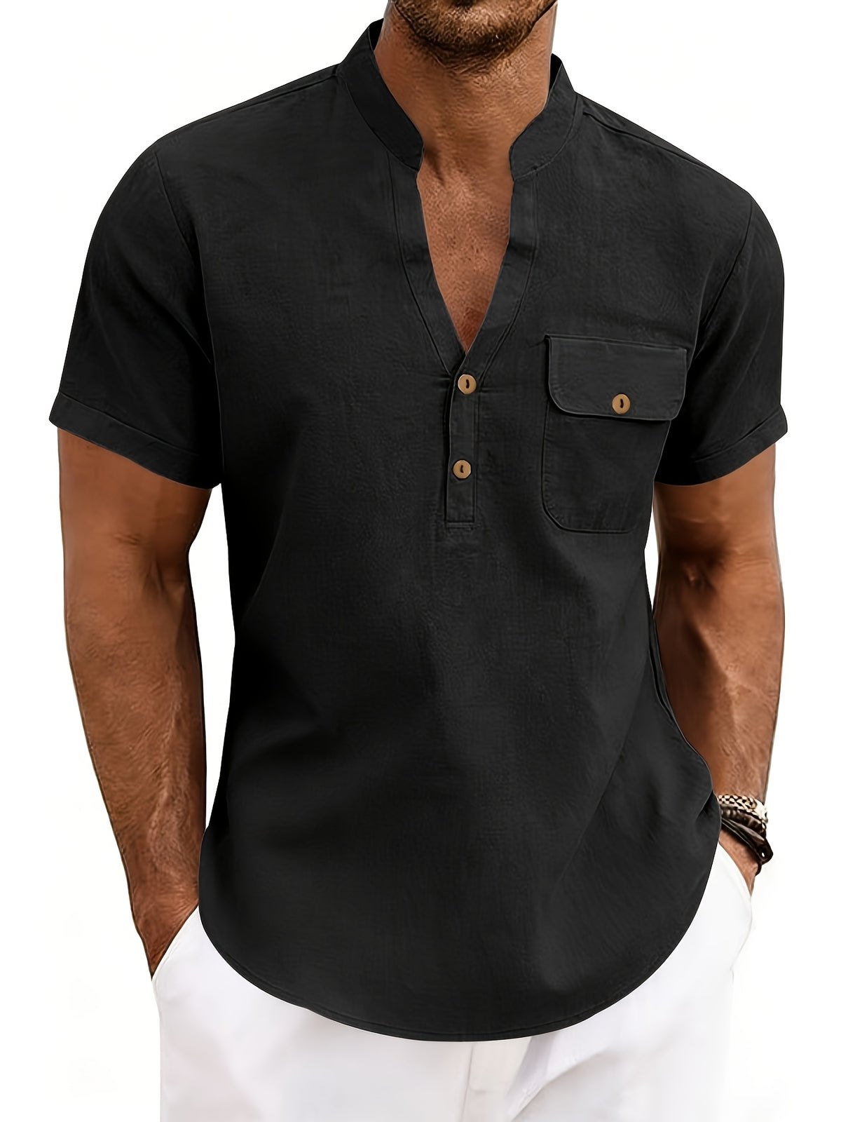 Men'S Pure Henley Shirt Spring And Summer Casual Breathable Sweat-Absorbent Linen Texture Short-Sleeved Half Placket Pocket Easy Solid Color Small Stand-Up Collar POLO Shirt, Sweat-Resistant - Black
