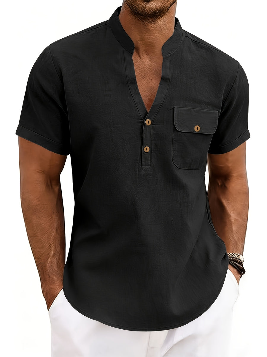 Men'S Pure Henley Shirt Spring And Summer Casual Breathable Sweat-Absorbent Linen Texture Short-Sleeved Half Placket Pocket Easy Solid Color Small Stand-Up Collar POLO Shirt, Sweat-Resistant - Black