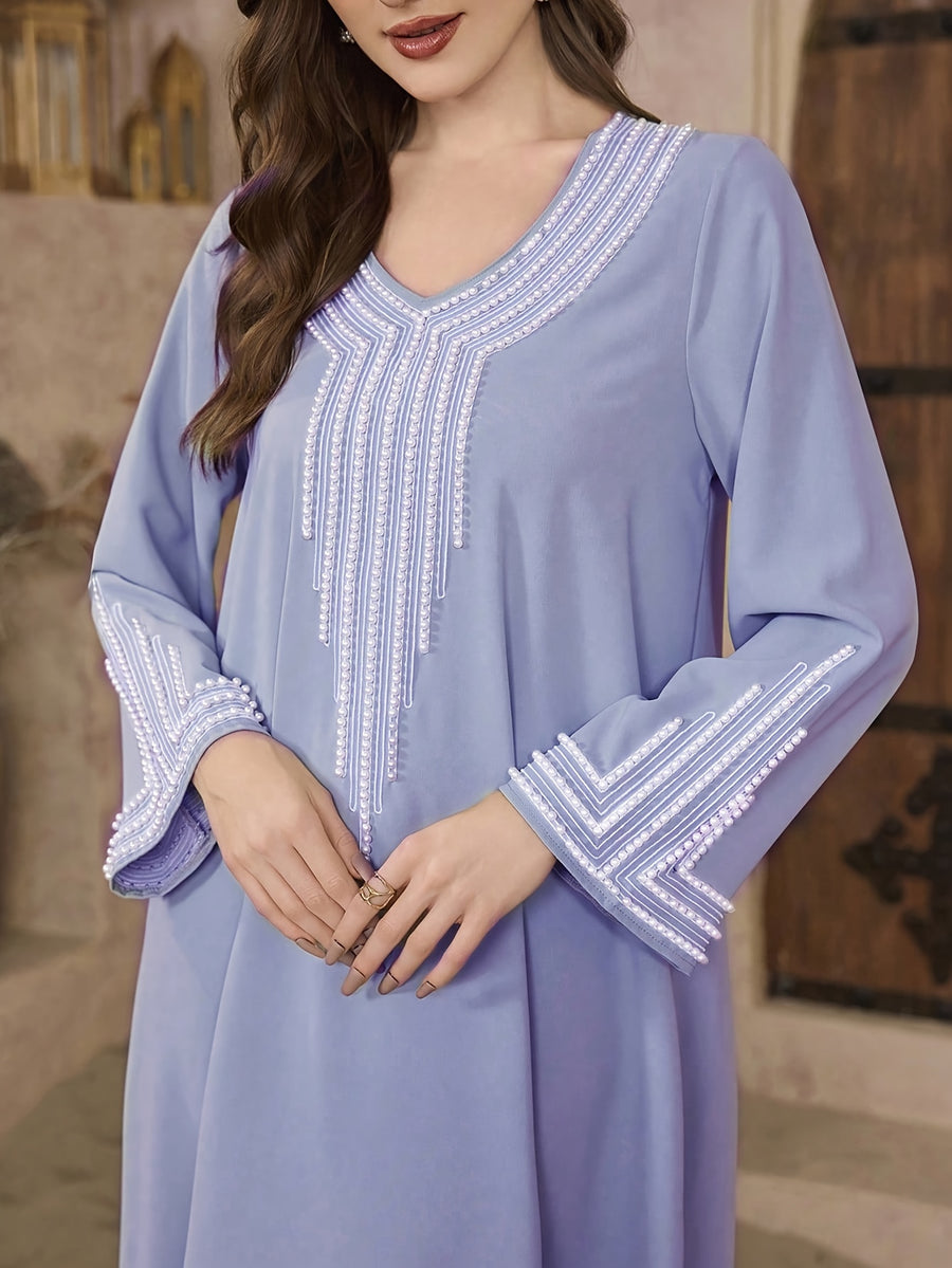 Najma Ladies' Loose Embroidered & Studded Long Robe for Festivals, Modest KaftanLadies' Loose Embroidered & Studded Long Robe for Festivals, Modest Kaftan - Light Purple