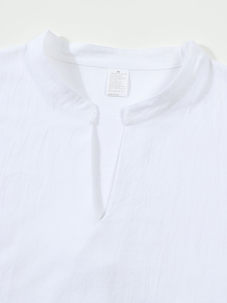 Men'S Stand Collar Short V-Neck Top, Lightweight Comfortable Solid Color Casual Shirt, Commute Easy Single Piece T-Shirt - White