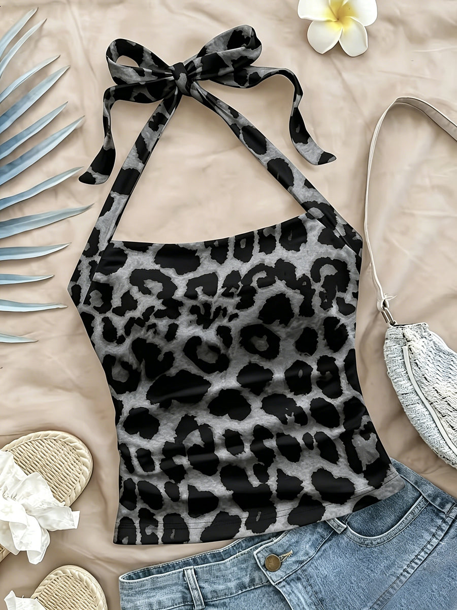 Women'S Halter Neck Leopard Print Vest, Fashion Casual Camisole Top with Tie Detail, Leopard Pattern/Casual Style/Halter Neckline, Adjustable Straps Off-Shoulder/Tie-Neck, Summer Casual Vacation Beachwear, All-Season Versatile Layering Piece - Grey