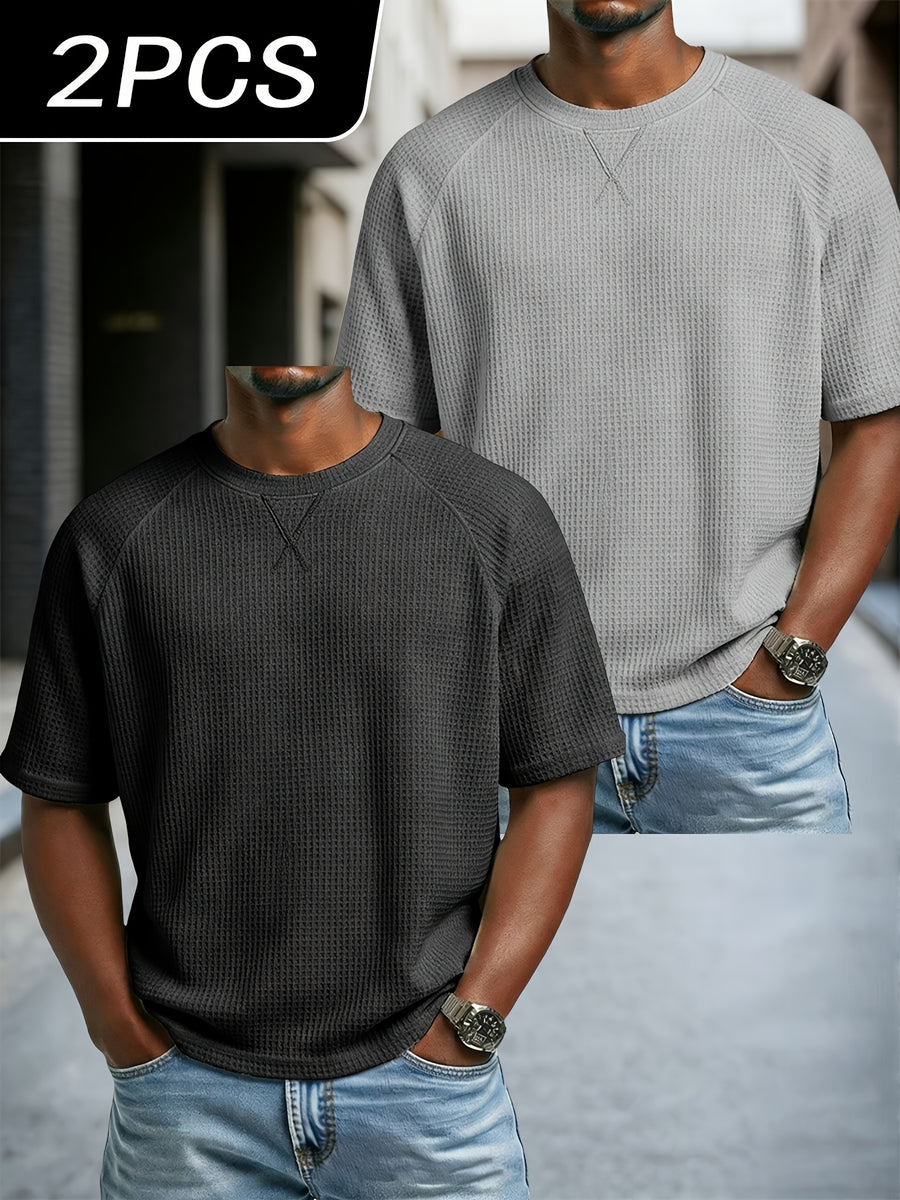 Men'S 2 pc Waffle Knit T Shirts Short Sleeve Crew Neck, Breathable Textured Fabric Casual Tops, Lightweight Soft Comfortable Fit, Ideal for Daily Wear, Travel, Street Fashion And Warm Weather Style - Black+gray