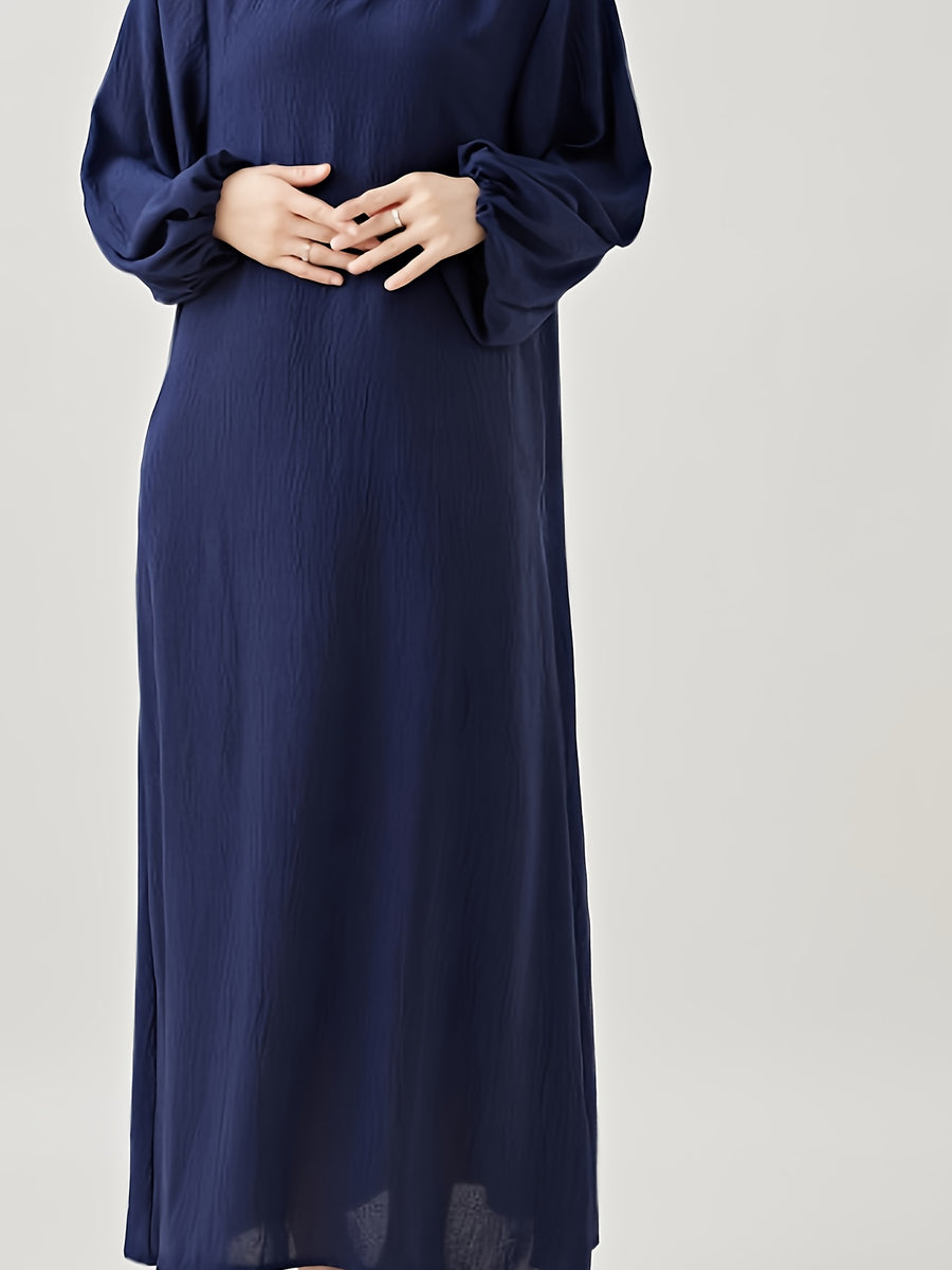 Comfortable & Casual Solid Color Muslim Dress with Bubble Pleats, Elastic Cuffs, and Flowy Hem - Polyester, Machine Washable - Navy Color