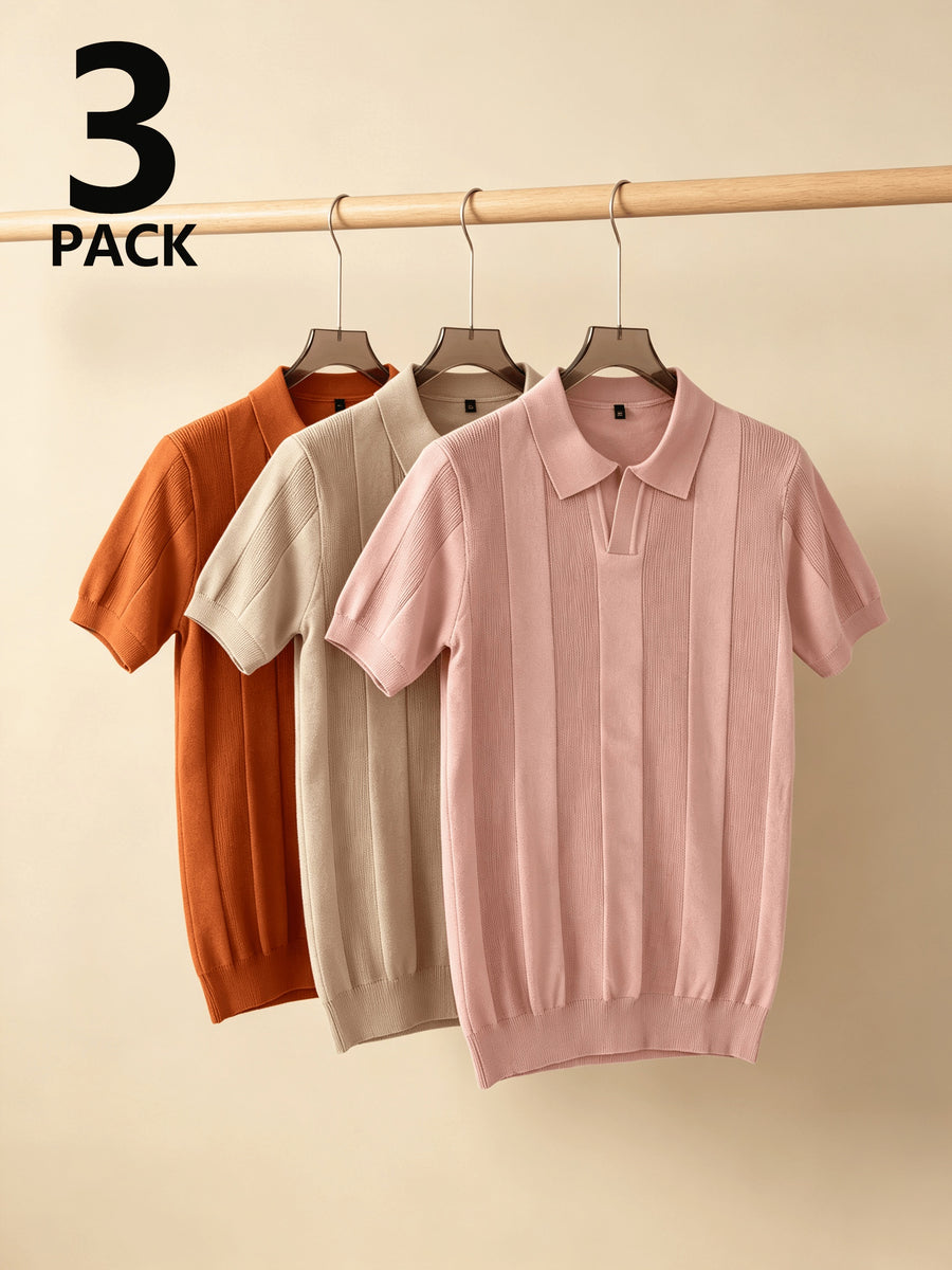 Men 3pcs Vertical Textured Knit Polo Shirts, Slim Fit Notch Collar Short Sleeve Knitwear, Lightweight Comfort Shirts for Office Vacation Daily Wear - Orange-Light Brown-Pink