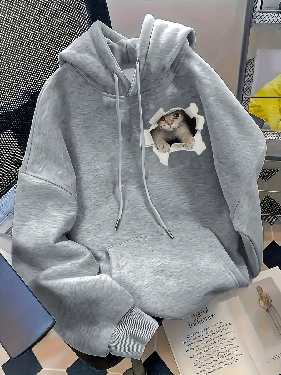 Graphic-Print Hooded Sweatshirt for Autumn And Winter, Women's Clothing - Grey