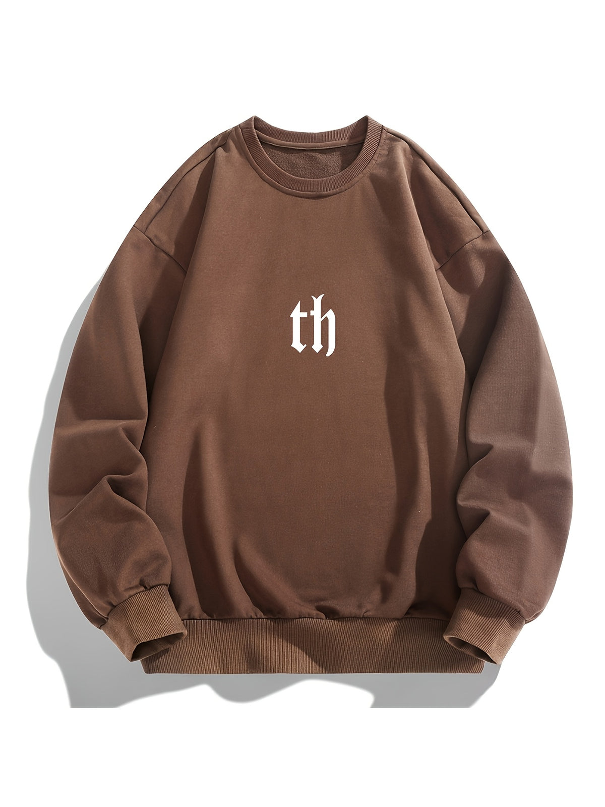 Men'S Crew Neck Sweatshirt, Spring Autumn Streetwear Letter Graffiti Print Pullover Top, Youth Loose Casual Versatile Long Sleeve Basic Undershirt - Light Brown-1