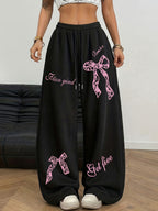 Sweet and Cool Bow Print with Letter Pattern, Women's Casual Y Straight-Leg Pants, Elastic Waist with Drawstring Wide-Leg Long Pants, All-Season Women's Trousers - Black