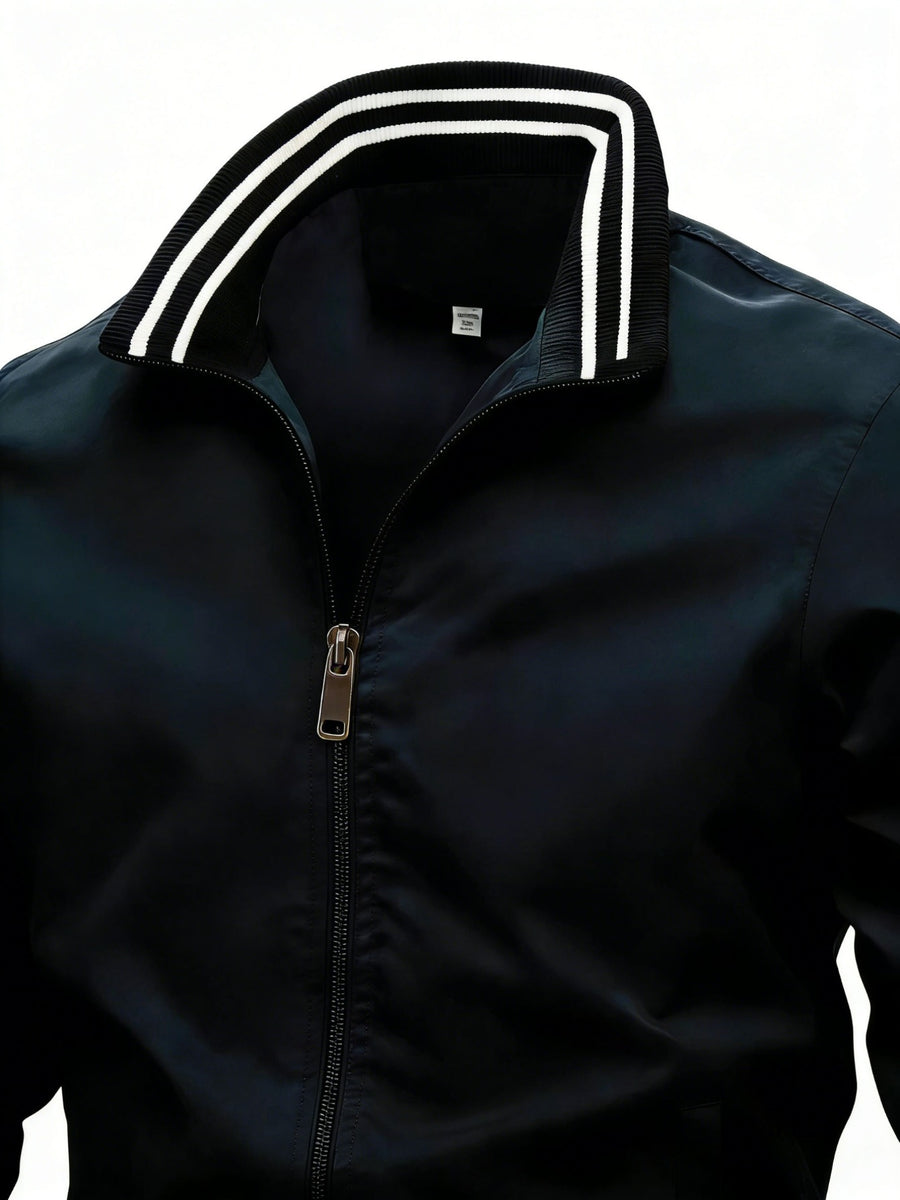 Back-to-School Couple's Trendy Pattern Letter "i" Print Stand Collar Jacket, Unisex High-Quality Ribbed and Double-Bar Design, Available in 8 Colors, Fashionable Jacket Top for Spring/Autumn Outdoor Sports, Cycling, Walking, Hiking, and Preppy Style - Black