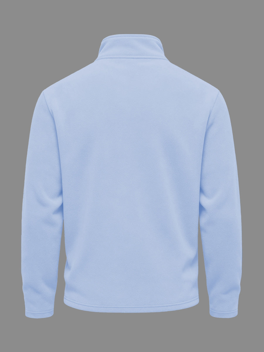 Josh Rose OBM Trendy Men's Solid Color Pure Velvet Fabric Long Sleeve Vintage Henley Shirt T-Shirt, Casual, Suitable for Autumn/Winter, Ideal for Men's Daily Wear, Stylish Slim-Fit Versatile Stand Collar Half-Zip Garment - Light Blue