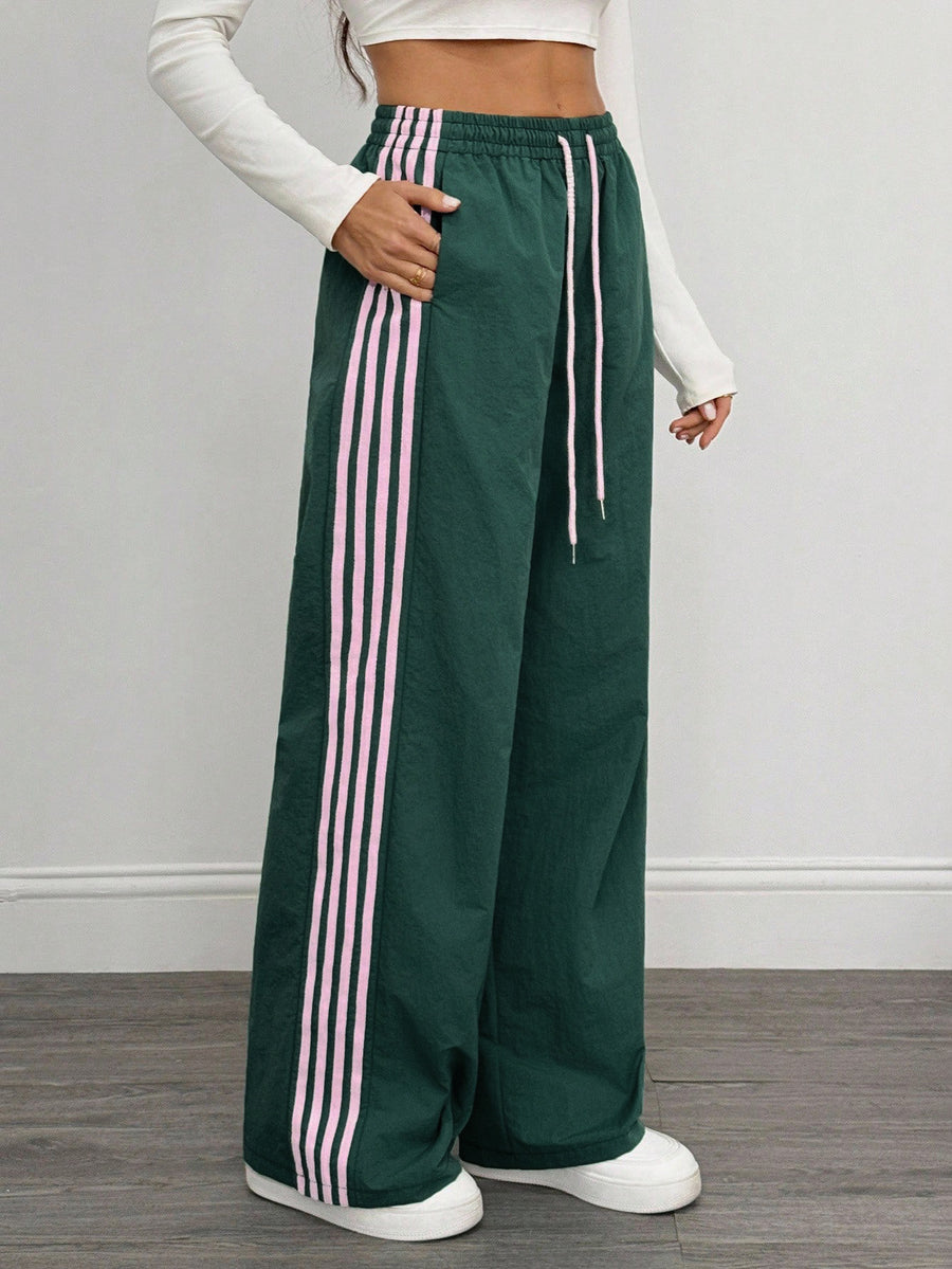 Reading Week Clothing, Back to Season, 1pc 2025 Autumn Winter New Casual Sports Fashion Comfortable Beautiful Color-Blocked Waist Drawstring Women'S Long Pants, Suitable for Holiday Gifts Women'S Apparel - Dark Green