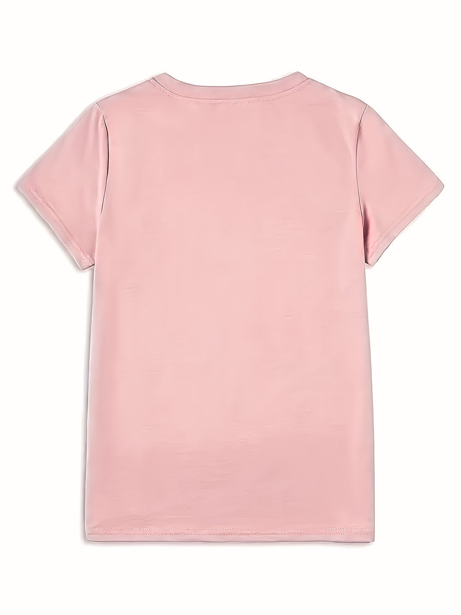 Calvin, Spring and Summer Graphic Print T-shirt, Short Sleeve Crew Neck Casual Top for Summer & Spring, Women's Clothing - Pink