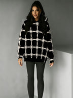 Fashionable Women's Hooded Sweatshirt with Side Slit Design, Suitable for Autumn and Winter Wear. Perfect for Casual Outfits, Featuring a Striking Vintage-style All-over Print of Black and White Plaid and Floral Patterns. The Loose, Dropped-shoulder - Mixed colors