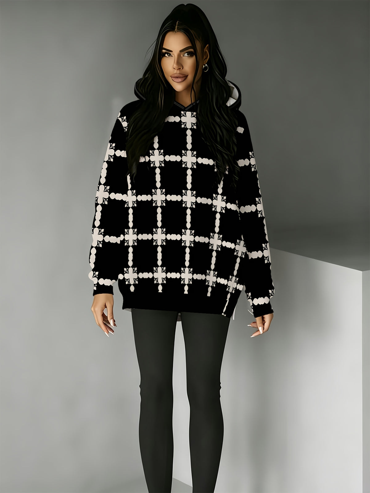 Fashionable Women's Hooded Sweatshirt with Side Slit Design, Suitable for Autumn and Winter Wear. Perfect for Casual Outfits, Featuring a Striking Vintage-style All-over Print of Black and White Plaid and Floral Patterns. The Loose, Dropped-shoulder - Mixed colors