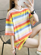 Women's Plus Size Loose Fit Cartoon Print T-Shirt - Pastel Color Block Short Sleeve Round Neck Top, Breathable Medium Stretch Fabric, Long Length Casual Summer Spring Fall Machine Washable, Ladies T Shirts, Trendy Streetwear, Relaxed Fit Tee - 2010-C