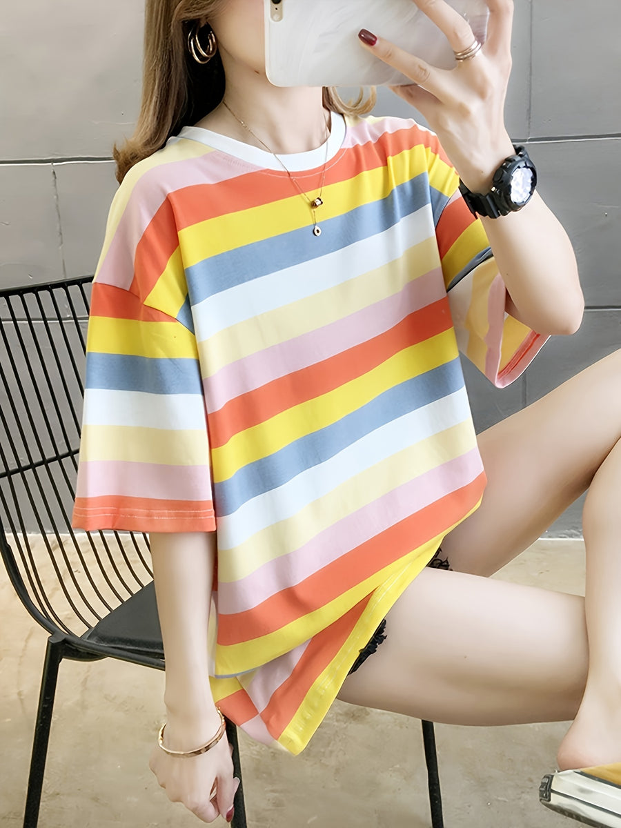 Women's Plus Size Loose Fit Cartoon Print T-Shirt - Pastel Color Block Short Sleeve Round Neck Top, Breathable Medium Stretch Fabric, Long Length Casual Summer Spring Fall Machine Washable, Ladies T Shirts, Trendy Streetwear, Relaxed Fit Tee - 2010-C