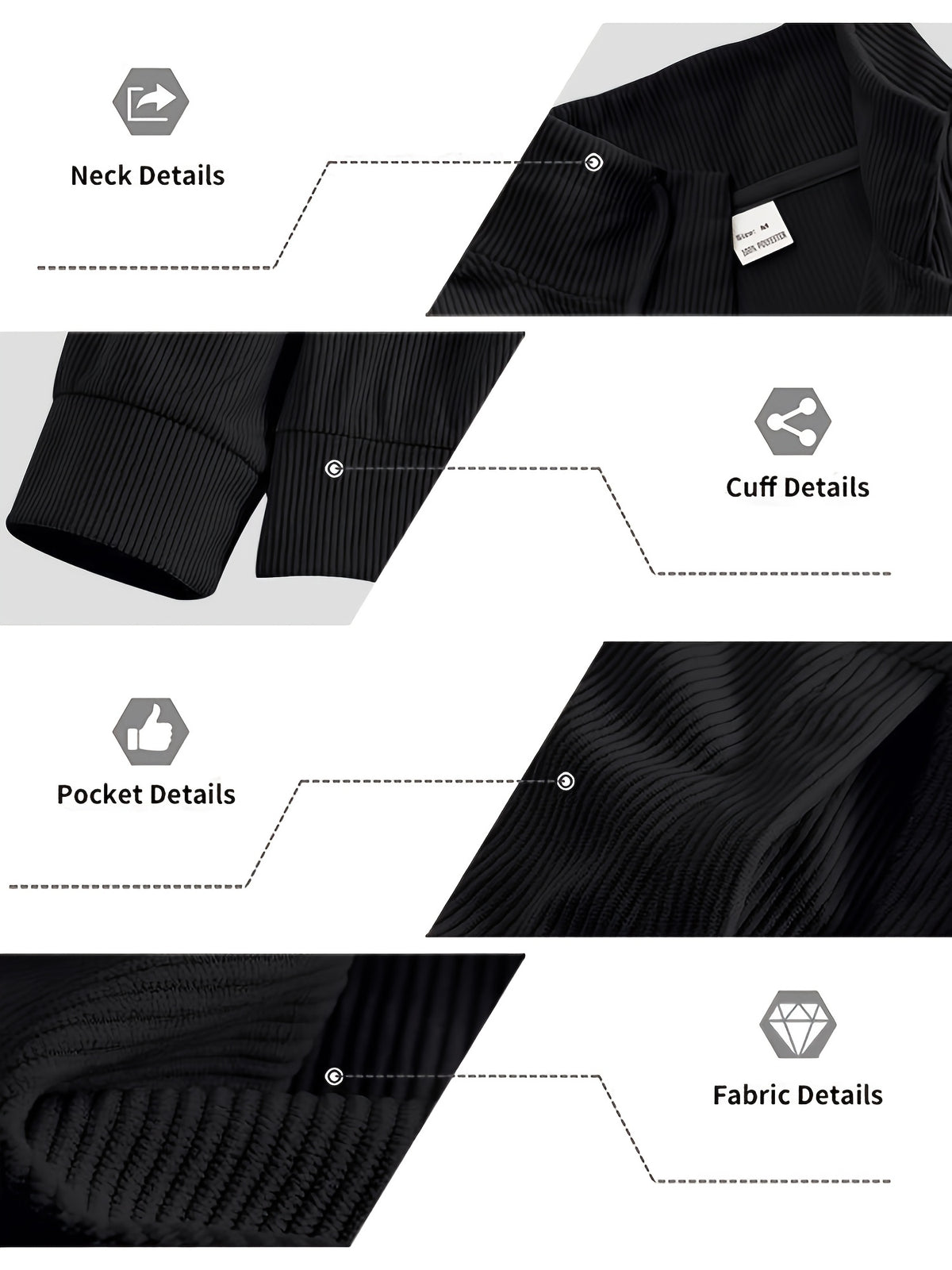 BOWZ Men's Corduroy Jacket Button-Up Cardigan Coat with Stand Collar & Drawstring Hood Suitable for Sports, Casual Commuting Jacket, Corduroy Button-Front Closure, Machine Washable Fall Outerwear, Solid Color Regular Fit Cardigan Gift - Black