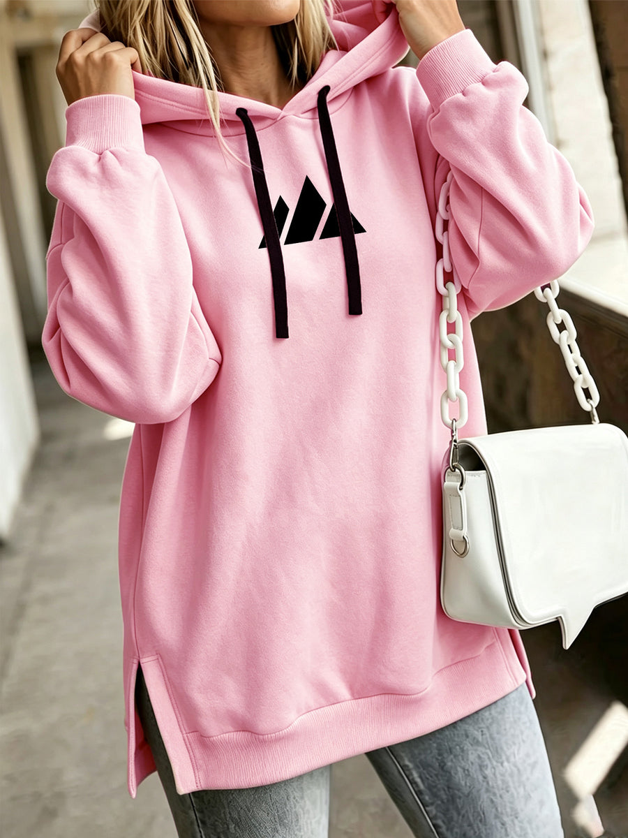 Women'S Fashion Hooded Sweatshirt for Autumn And Winter - Pattern Print Design, Side Slit Detail, Pullover Hoodie - Pink