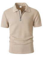 Men's Waffle Knit Half-Zip Polo Shirt, Loose Fit Solid Color Versatile Short Sleeve - Khaki