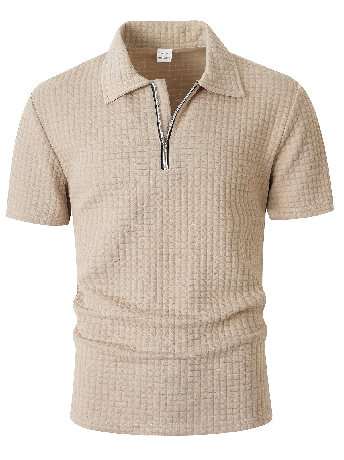 Men's Waffle Knit Half-Zip Polo Shirt, Loose Fit Solid Color Versatile Short Sleeve - Khaki