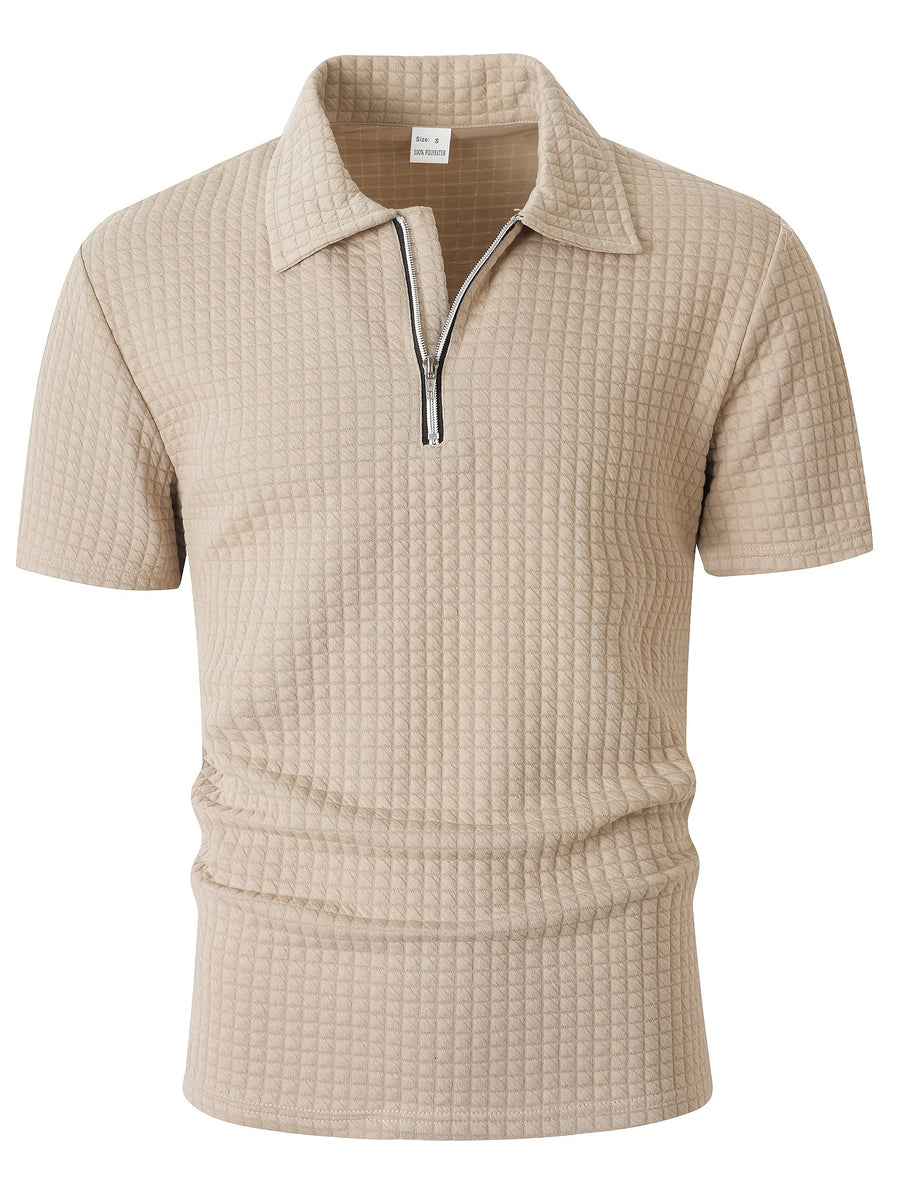 Men's Waffle Knit Half-Zip Polo Shirt, Loose Fit Solid Color Versatile Short Sleeve - Khaki