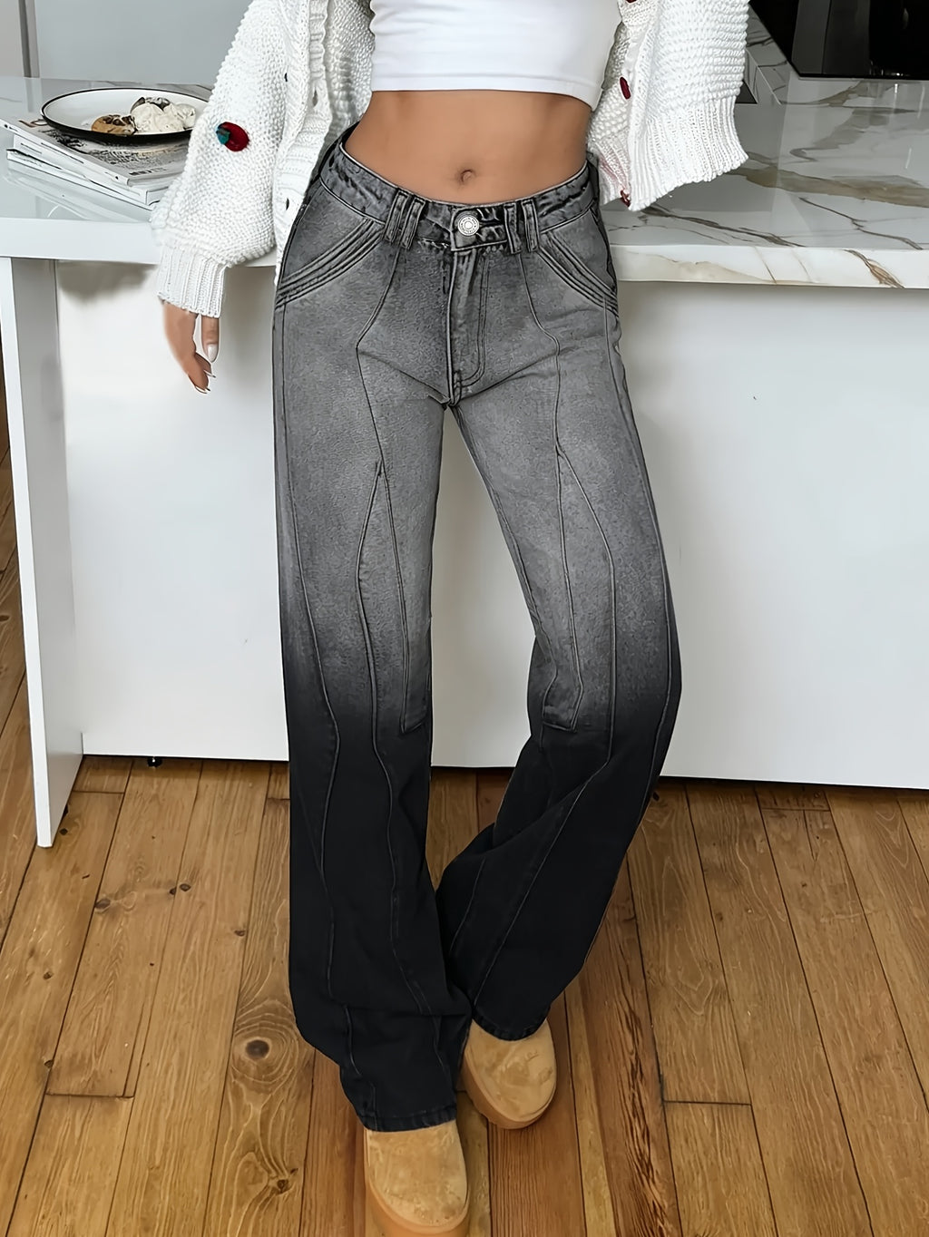 Women'S Gradient Gray Black Straight Leg Jeans, Seam Paneled Loose Denim Trousers, Vintage Washed Y2K Streetwear Denim Pants for Daily Wear - Black