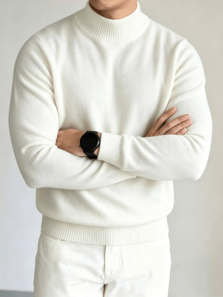 Men's Half-Turtleneck Knit Sweater, New Autumn/Winter Solid Color Long-Sleeve Pullover for Business Casual Versatile Wear - White