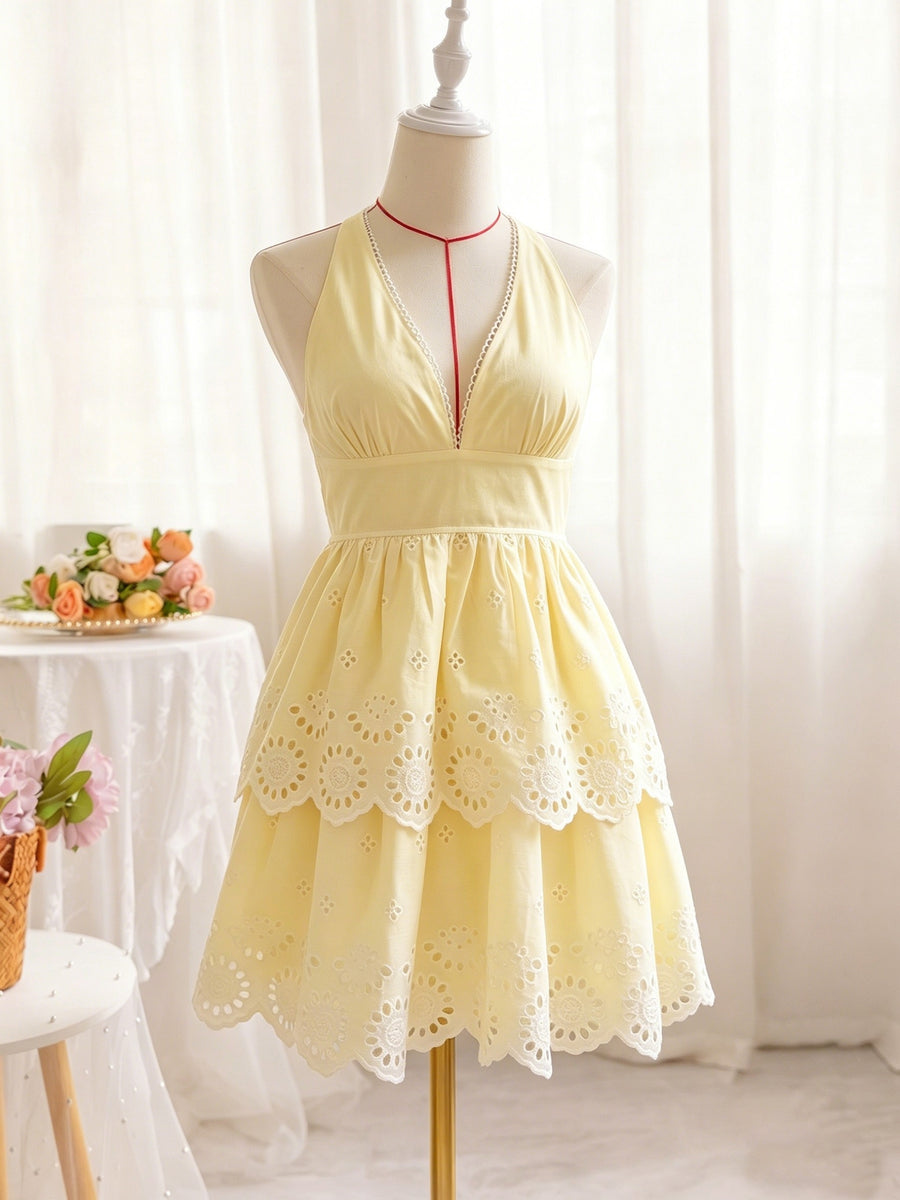 Elegant V-Neck Smocked Waist Adjustable Cross Shoulder Straps Hollow Embroidery Double Layer Cake Dress, Niannian Women'S Wear - 【Light Yellow】