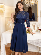 Wedding Bridesmaid Dress Short Sleeve Sequin Lace Hem Chiffon Mid-Length Dress Evening Gown - Navy Color