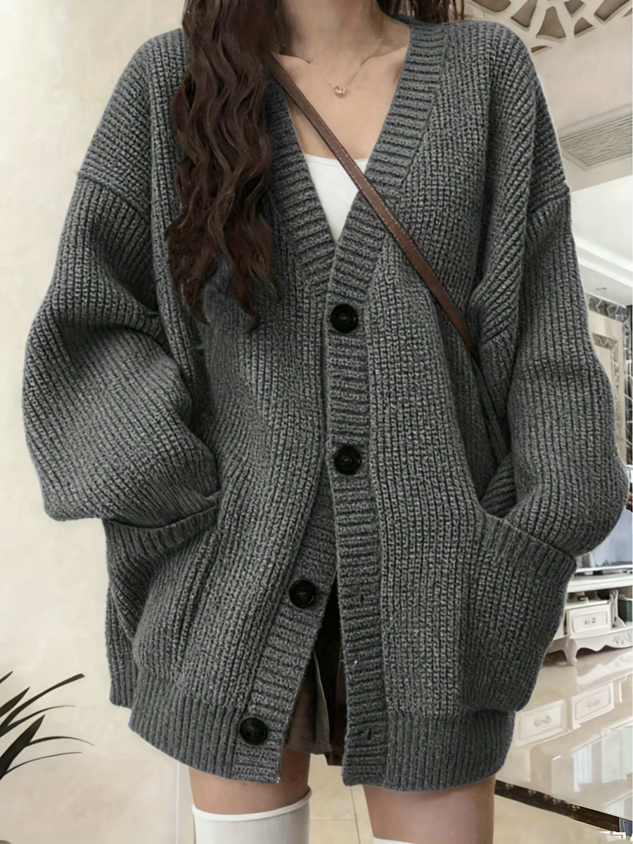 Button Front Cardigan With Patched Pocket, Casual V Neck Solid Color Ribbed Drop Shoulder Cardigan For Fall & Winter, Women's Clothing - Grey