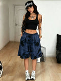 High-Waisted Wide-Leg Shorts with Tie-Dye Print - Elastic Waistband & Drawstring Suitable for Summer, Loose-Fit Pants, Non- Wide-Leg Trousers for, Casual, Office, Machine Washable - Navy Color
