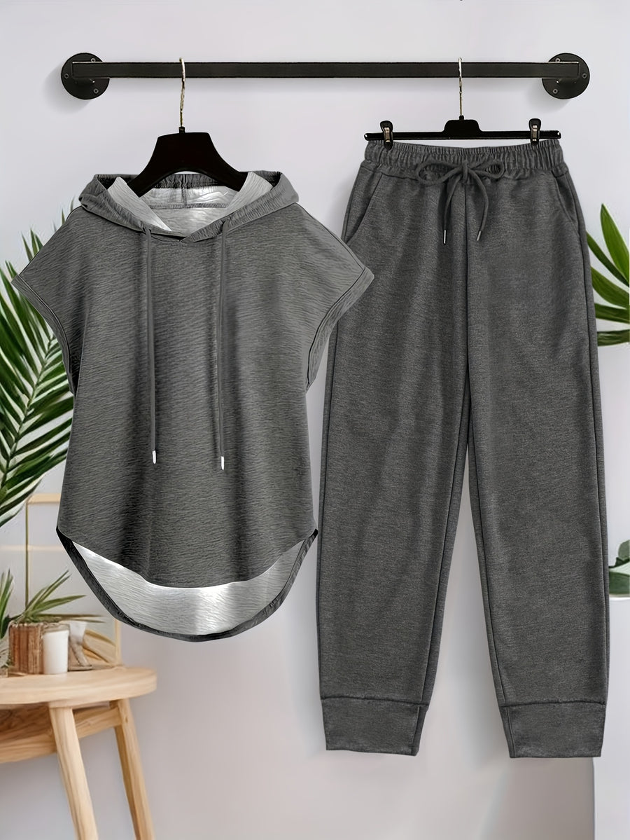 A Must-have New Product! Solid Color Sleeveless Hooded S Set! Jogger Pants with a Cinched Waist Highlight the Waistline, Paired with Sneakers for a Casual and Energetic Look, Women's Spring and Summer Fashion Casual Hooded Short-sleeve Set. - Dark Gray
