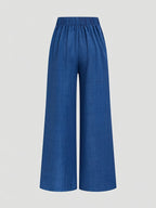 1pc Elegant Women's Solid Color Elastic Waist Casual Loose-fit Wide-leg Pants, Belt Not Included ASD1 - Blue