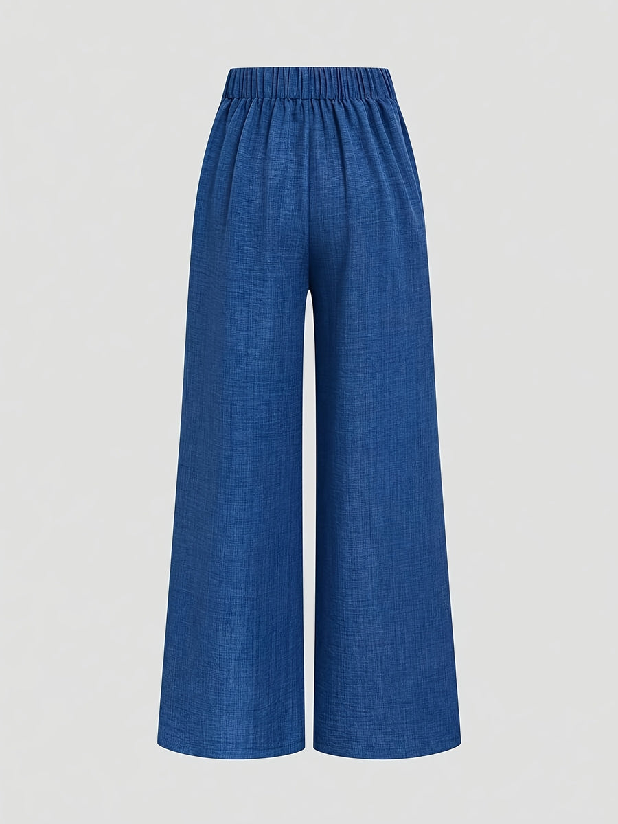 1pc Elegant Women's Solid Color Elastic Waist Casual Loose-fit Wide-leg Pants, Belt Not Included ASD1 - Blue