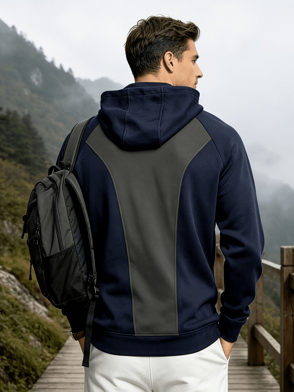 Heavyweight Autumn/Winter Men's Outdoor Sports & Fitness Spliced Hooded Loose Fit Inverted Triangle Sweatshirt - Navy Color