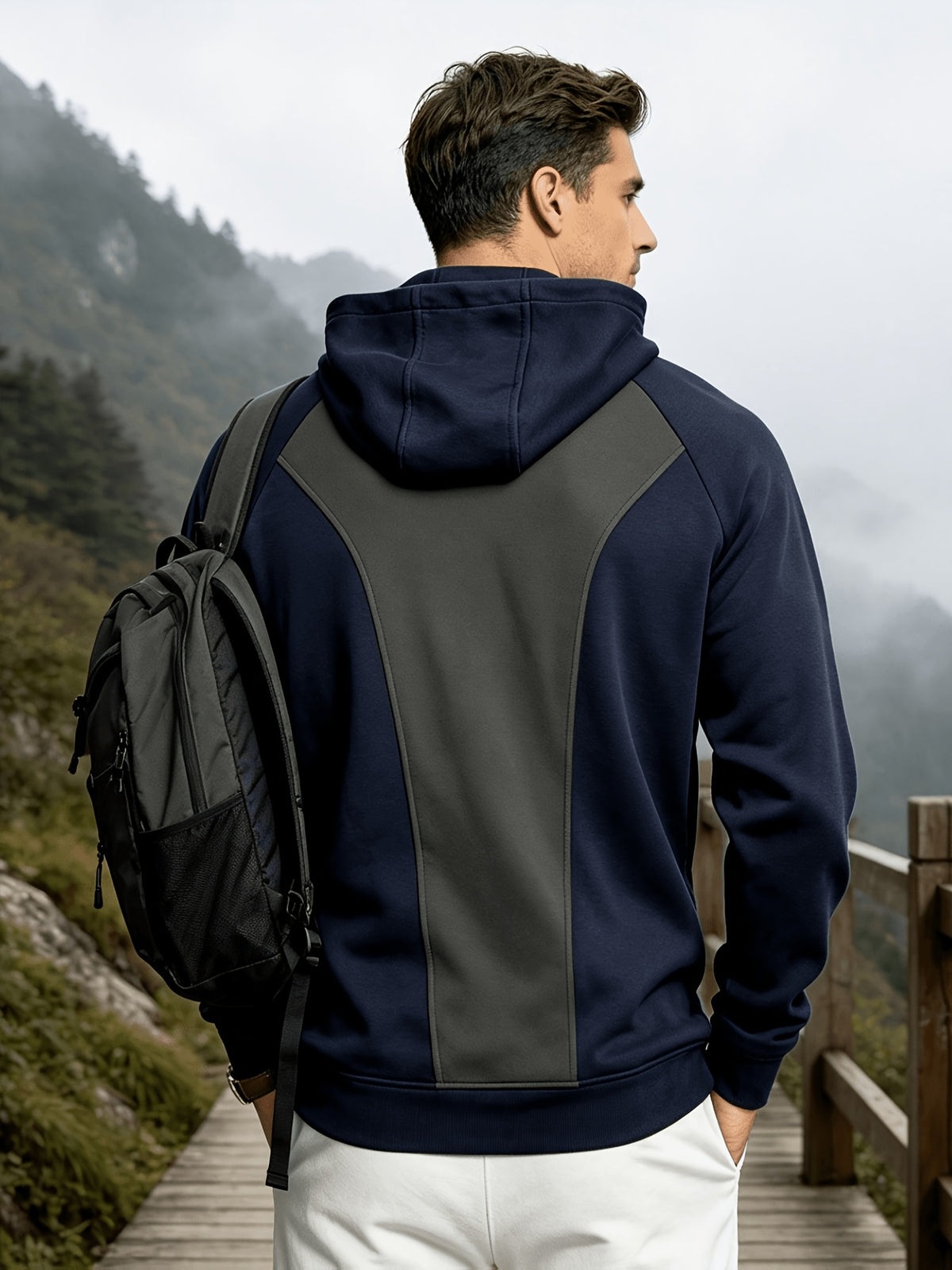 Heavyweight Autumn/Winter Men's Outdoor Sports & Fitness Spliced Hooded Loose Fit Inverted Triangle Sweatshirt - Navy Color
