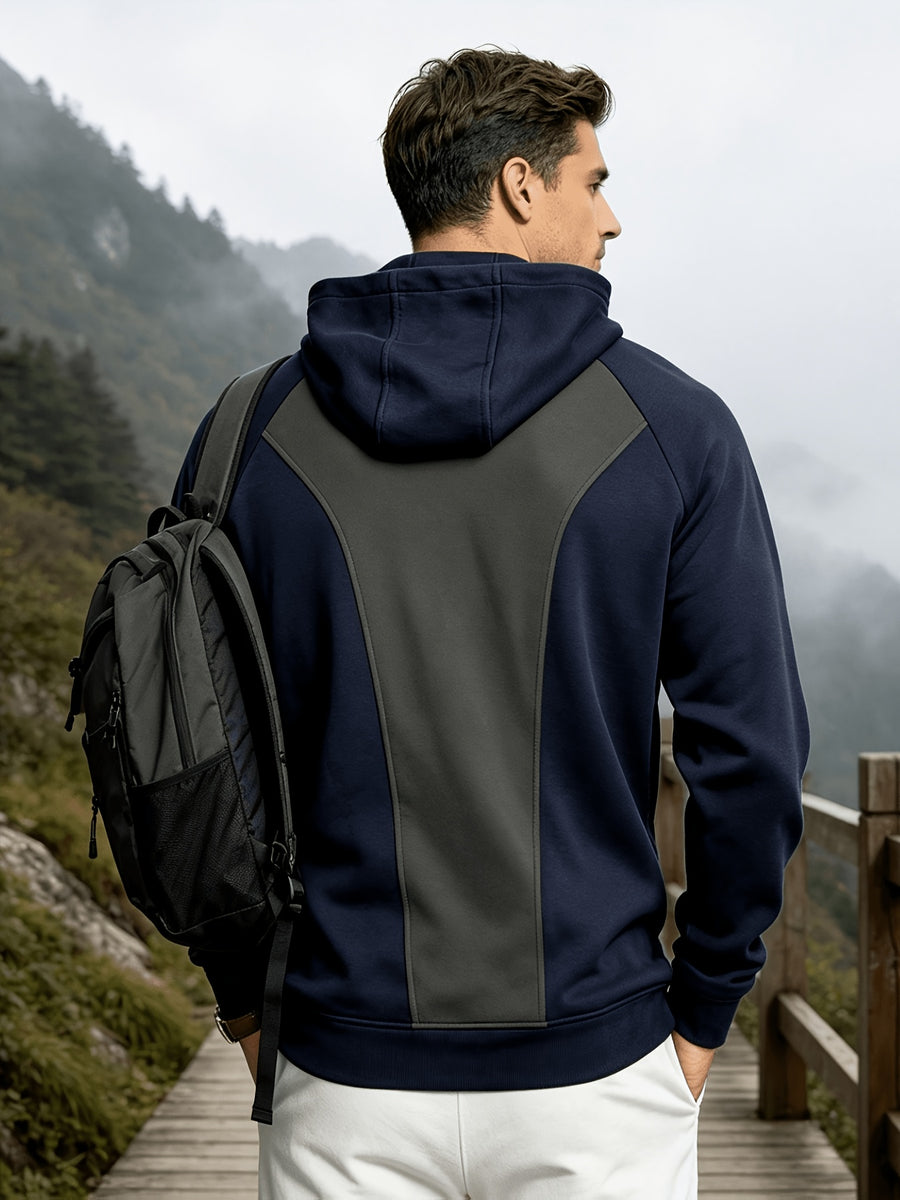 Heavyweight Autumn/Winter Men's Outdoor Sports & Fitness Spliced Hooded Loose Fit Inverted Triangle Sweatshirt - Navy Color