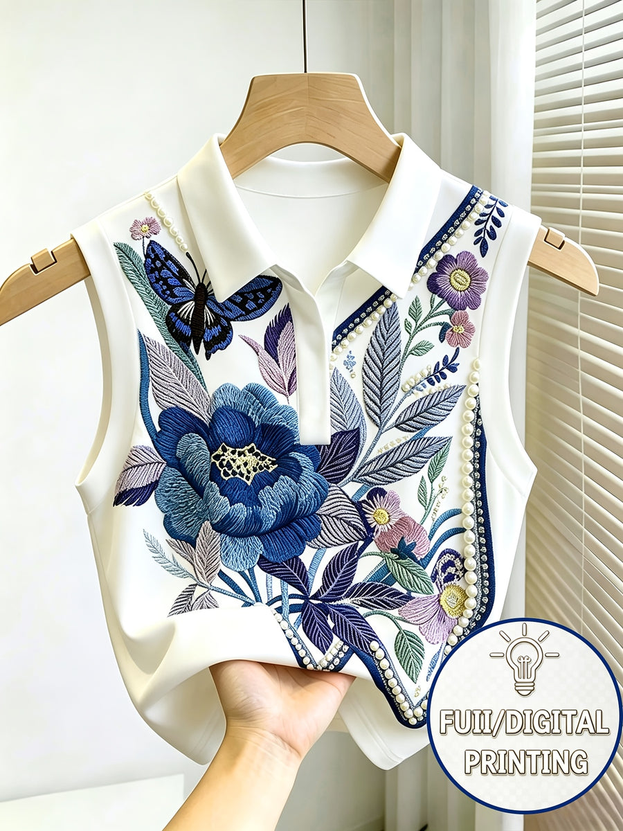 Elegant and Stylish New Spring/summer Women's Polo Collar Floral Print Waist-cinching Slim-fit Design Statement Short Casual Versatile Sleeveless Tank Top - White 2