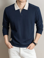 2026 Autumn Men'S Long Sleeve T-Shirt Casual Solid Color Seagull Collar Lapel POLO Shirt - Navy Color
