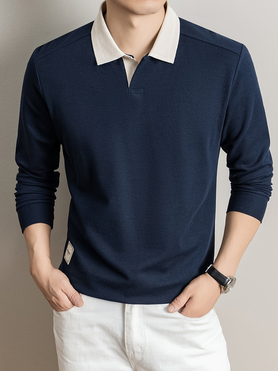 2026 Autumn Men'S Long Sleeve T-Shirt Casual Solid Color Seagull Collar Lapel POLO Shirt - Navy Color