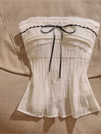 Women'S Spring Summer Strapless Top with Lace Trim Black Ribbon Bow Fashion Top - Ivory White