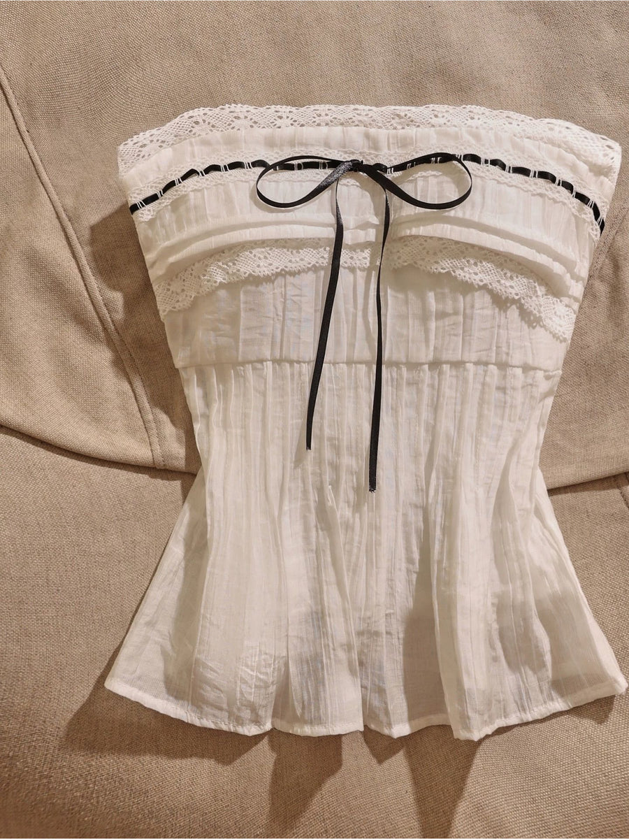 Women'S Spring Summer Strapless Top with Lace Trim Black Ribbon Bow Fashion Top - Ivory White