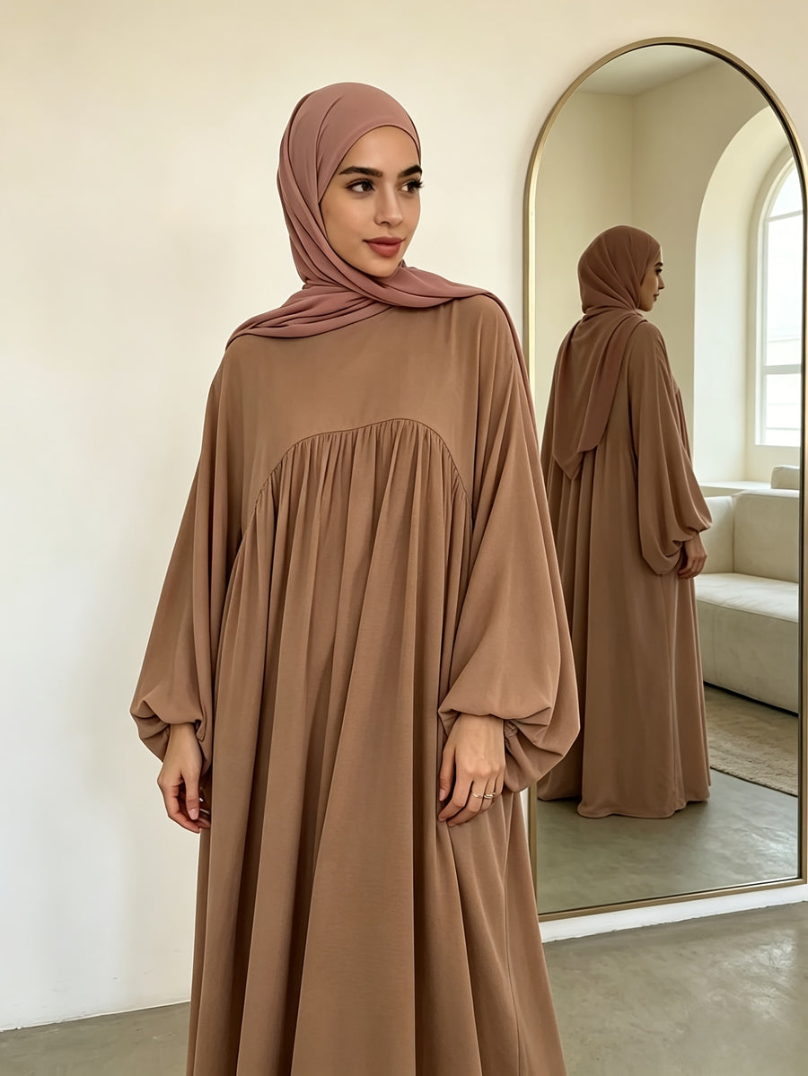 Modest Gathered Waist Maxi Dress, Loose Fit Balloon Long Sleeve Dress with Elastic Cuffs for Daily Wear - Khaki