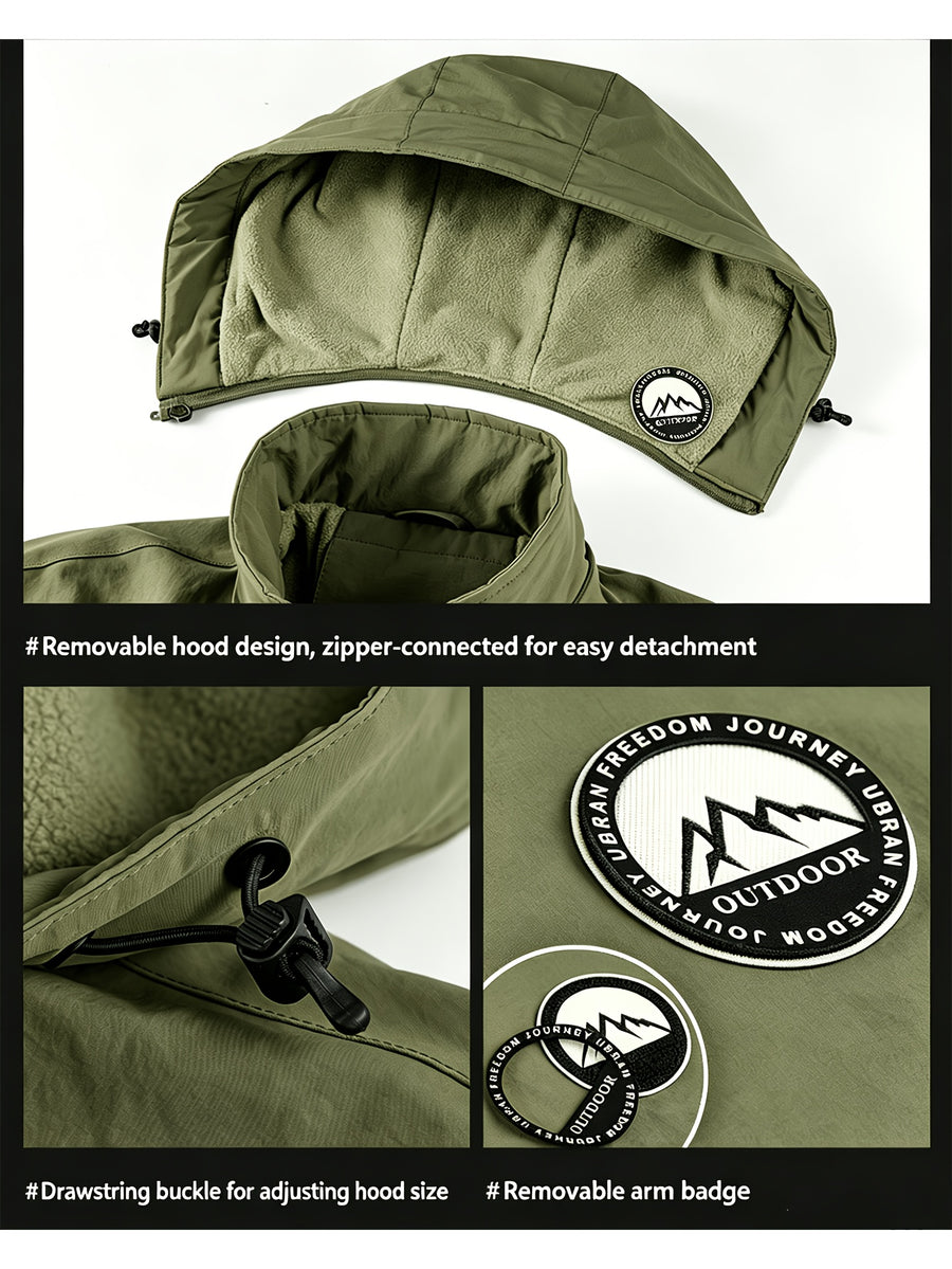 Fleece-Lined Cargo Jacket, Detachable Hood, Multi-Pocket Outerwear, Men'S Outdoor Hiking Commuter, Loose Thickened Plush Lining, Detachable Arm Badge Windproof Warm Functional Jacket - Olive Green